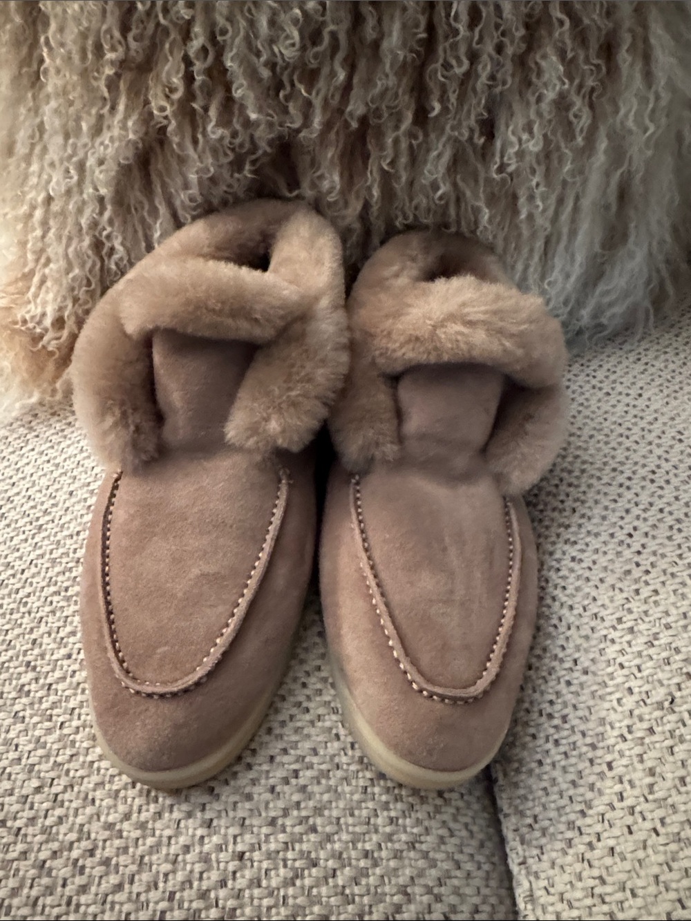 Loro Piana Taupe Suede Shearling-Trim Ankle Booties